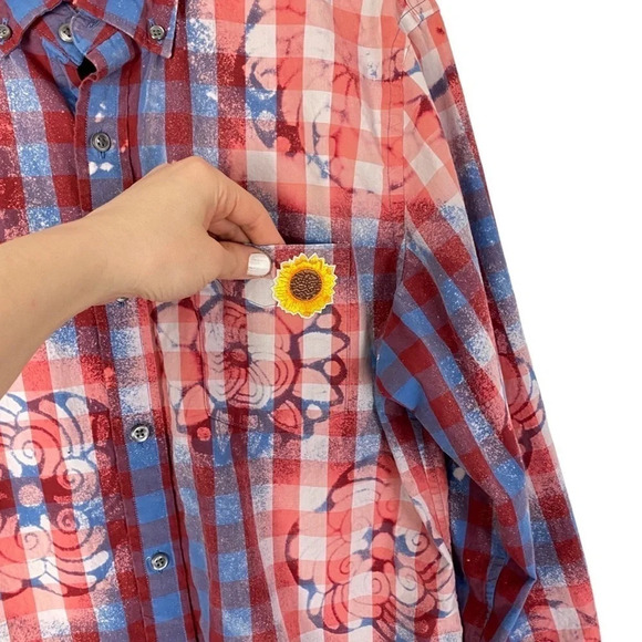 Reworked Boho Floral Bleached Plaid Button Down Shirt Womens Size Large Top Red - Picture 4 of 13
